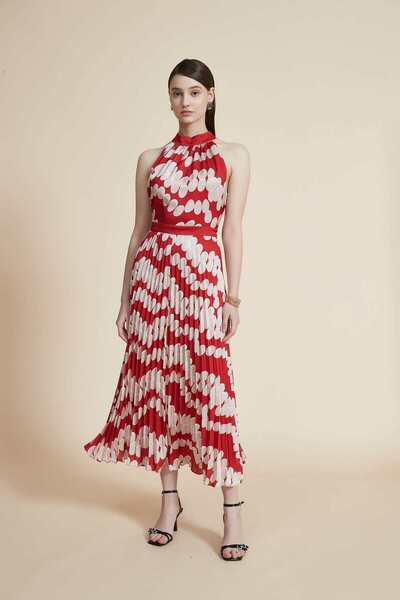 Yola Polka Dot Pleated Midi Dress Without Sleeves