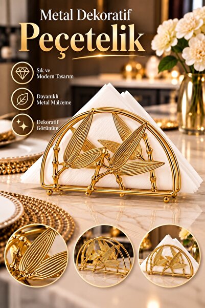 Kitchen Beauty Gold Peçetelik Dekoratif Yaprak Desenli Peçete Tutucu Masaüstü Stand Paslanmaz