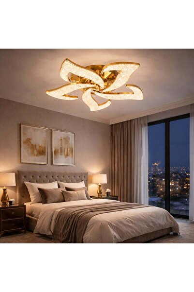 LightPlanet Candelabru LED Auriu cu Cristale, cu 5 Lumini, Reglabil cu Teleco...