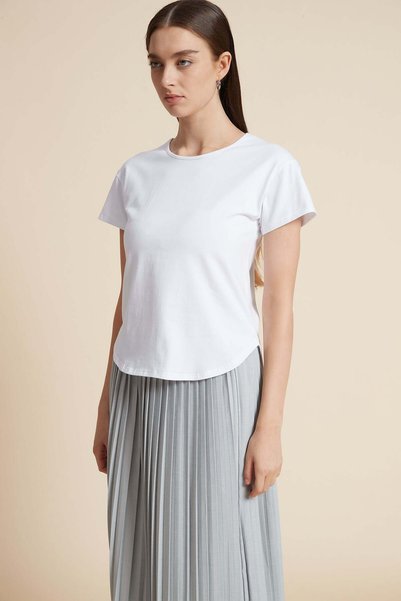 mica Solid Round Neck Short Sleeve Blouse