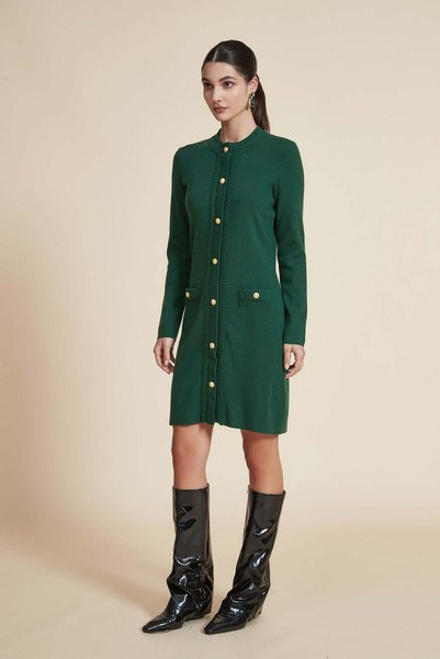 Yola Plain Long-Sleeve Short Dress with Front Buttons