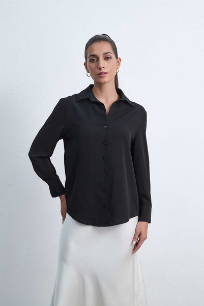 Livia Solid Long-Sleeve Top with Shirt Collar