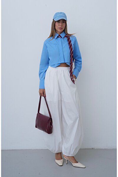 Myra Fashion Çift Katlı Kesim Crop Gömlek Gizli Düğmeli Uzun Kol Kadın Bluz M...