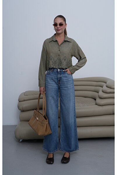 Myra Fashion Fisto Nakış Detaylı Crop Gömlek Uzun Kol Bluz Kadın Trend Modern...