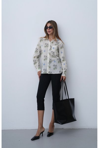 Myra Fashion Desenli Oversize Gömlek Tek Cepli Geniş Kesim Uzun Kol Bluz Kadı...