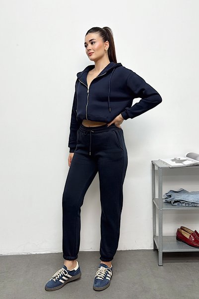 GİYSA Pantaloni de trening cu picior elastic, albastru închis, de iarnă, cu 3 fire, croială normală - 2529-9016-9017