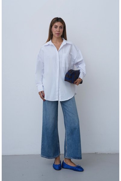 Myra Fashion Oversize Poplin Gömlek Çift Cepli Geniş Kesim Uzun Kol Bluz Kadı...