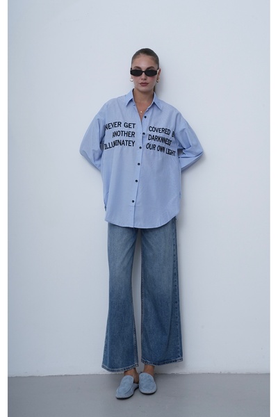 Myra Fashion Oversize Nakışlı Gömlek Uzun Kol Bluz Kadın Şık Modern Kesim Gün...