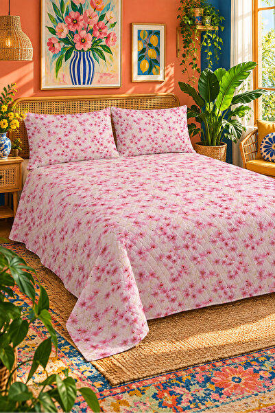 Evmila Pink Tiny Floral Patterned Bedspread 200X220 Double Pique Set