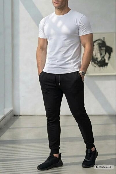 CAST COLLECTİON Men's White Oval Tshirt Black Summer Tracksuit Set