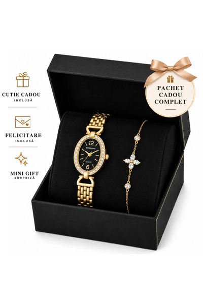 Excellanc Set Cadou Dama Ceas Auriu Oval si Bratara Florala Zirconiu in Cutie...