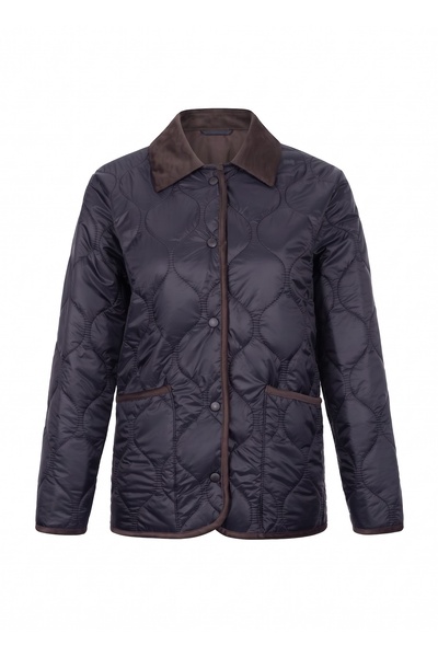 BRANDHILLS Navy Blue Color Velvet Collar Quilted Slim Coat