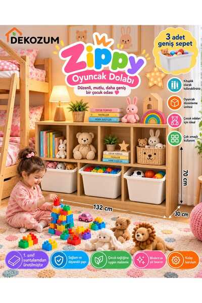 DEKOZUM ZİPPY 3 Sepetli Oyuncak Dolabı Çocuk Odası Kitaplık Çok Amaçlı Oyunca...
