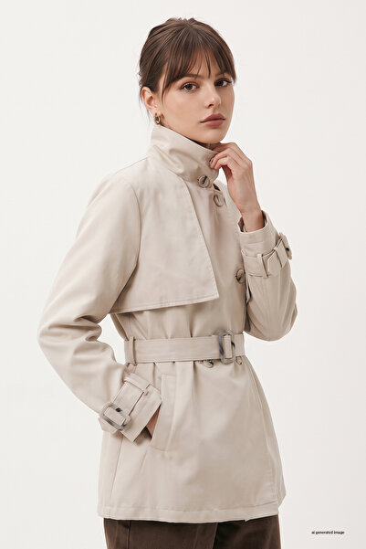 InStyle Trench scurt căptușit, cu centură și guler înalt, de culoare stone.