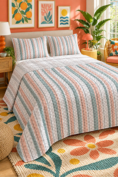 Evmila Pastel Ethnic Striped Bedspread 200X220 Double Pique Set