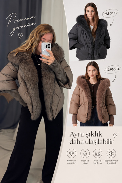 JANNA BUDAK BOUTİQUE Kadın Kürk Detaylı Kapüşonlu Şişme Mont – Vizon
