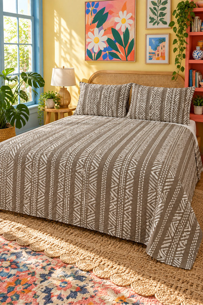 Evmila Brown Ethnic Striped Bedspread 200X220 Double Pique Set