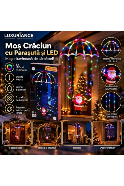 s-Eye Mos Craciun cu Parasuta si 83 LED, 95 cm, Interior/Exterior, Suspendabil