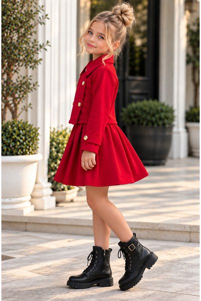 Sahil Collection Red Suede Fabric Jacket Pleated Skirt Girl Child Set