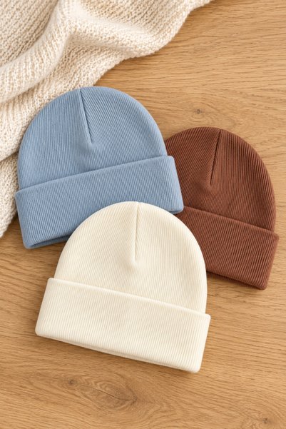 ESES BEBE 3'lü Paket Unisex Bebek Çocuk Esnek Kaşkorse Bere Seti Pamuklu Mevs...