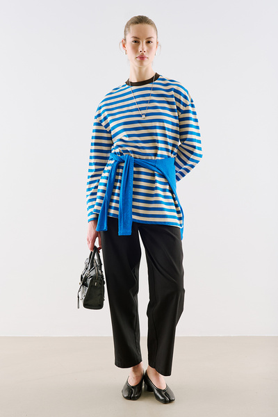 Manuka Striped Colorful Collar Long Sleeve T-Shirt Blue