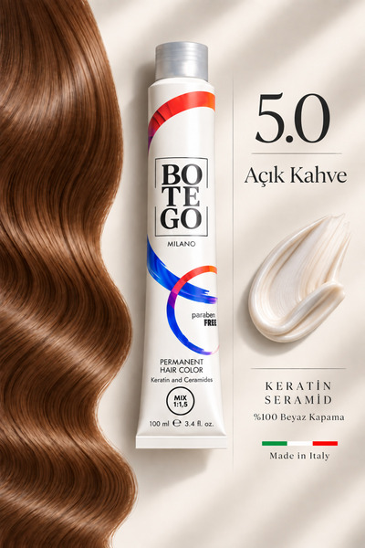 botegohair Profesyonel Krem Saç Boyası - 5.0 Yoğun Açık Kahve 100 ml