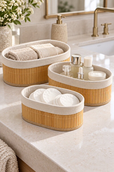 BEYZANA 3’lü Oval Pinterest Stil Bambu Sepet | Çok Amaçlı Kullanım | Bambu Ha...