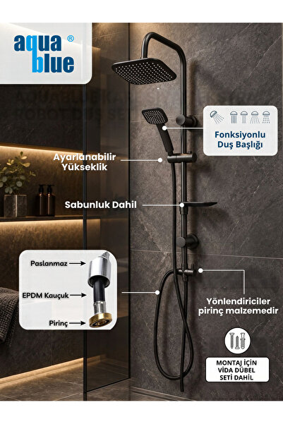 Aquablue KARE SİYAH EKSTRA ROBOT DUŞ SETİ (İSR)