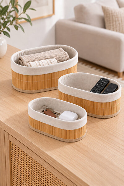 BEYZANA 3’lü Oval Pinterest Stil Bambu Sepet | Çok Amaçlı Kullanım | Bambu Hasır Sepet
