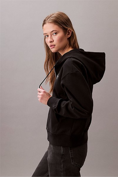 Calvin Klein Kadın Boyfriend Fit Kapüşonlu Fermuarlı Sweatshirt - Siyah