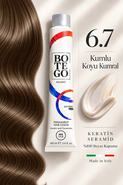 botegohair Profesyonel Kalıcı Krem Saç Boyası - 6.7 Kumlu Koyu Kumral - 100 m...