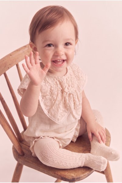 MONTİNA Baby Girl 100% Cotton Muslin Fabric Lace Collar Bowknot Ecru Romper Jumpsuit