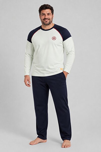 CottonVia Large Size Men's Pajama Set, Long Sleeve, 100% Cotton, 30/1 Seasona...