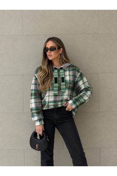 GZ Design Embroidered Detailed Green Plaid Hooded Sweatshirt