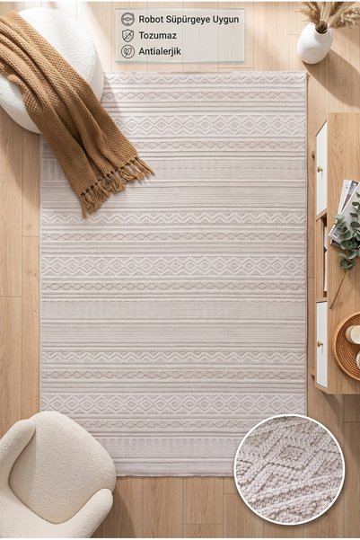 Santa Clara Bej Krem Tozumaz Yumuşak Dokulu Bukle Halı Salon Koridor Dokuma M...