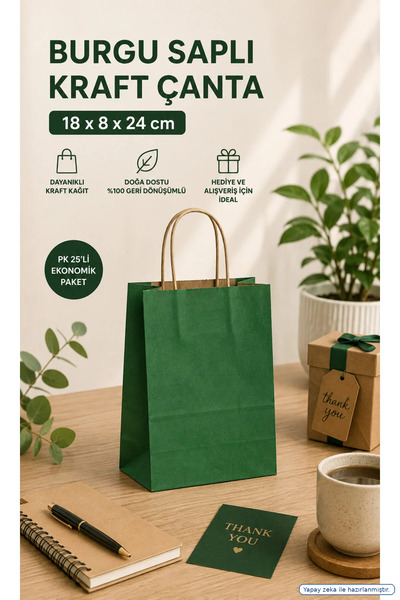 EYMER 18*8*24 cm Burgu Sap Kraft Çanta Yeşil (Pk 25'li)