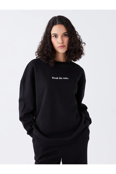 LC Waikiki LCW Vision Bisiklet Yaka Baskılı Uzun Kollu Oversize Kadın Sweatshirt