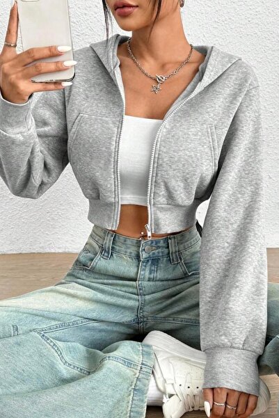 Buteks Grey Basic Zippered Hooded Crop 3 Thread Knitted Sweatshirt