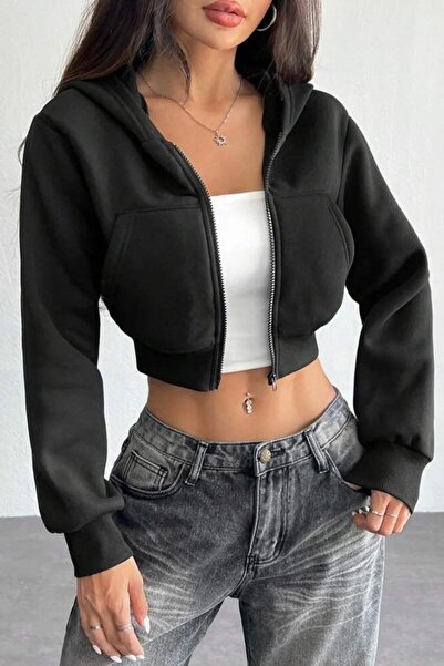 Buteks Black Basic Zippered Hooded Crop 3 Thread Knitted Sweatshirt