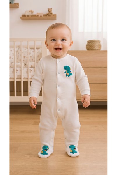 HAFY BABY Dino Serisi, Erkek Bebek, Dinazor Nakışlı Patikli Tulum