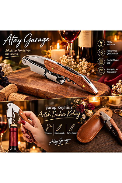 Atay Garage Ahşap Saplı Profesyonel Tirbuşon ve Kılıfı Şarap Şampanya Mantarı...