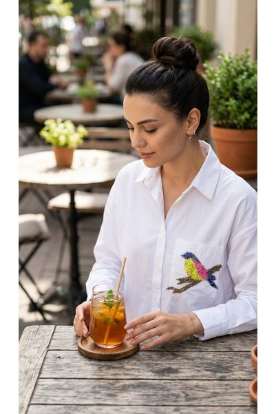 vellum butik KUŞ DESENLİ POPLİN GÖMLEK