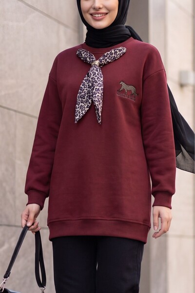 Modamorfo Fularlı Leopar Armalı 3 Iplik Sweat -bordo