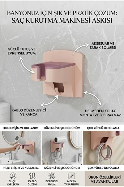safestore Yapışkanlı Duvara Monte Saç Kurutma Makinesi Askısı - Kablo Tutucul...