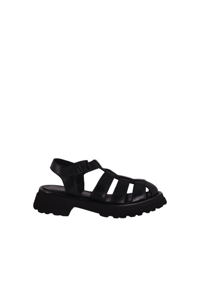 ALBİNİ Women's Black Genuine Leather Flat Heel Buckle Cage Sandals Closed Toe
