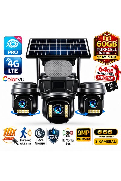 O-KAM OK310 9MP 3 Kameralı Solar Panel Gece Görüş 60GB (12Ayx5Gb) internet +6...