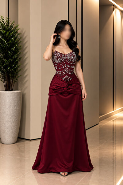 GORI FASHION فستان سهرة بالون العنابي مع كورسيه كريستال