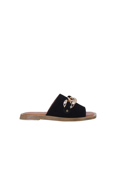 ALBİNİ Genuine Suede Leather Flat Women's Slippers with Buckle and Black Gold...
