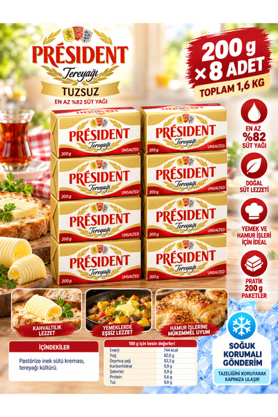 President Tereyağı Tuzsuz 200grx8 adet