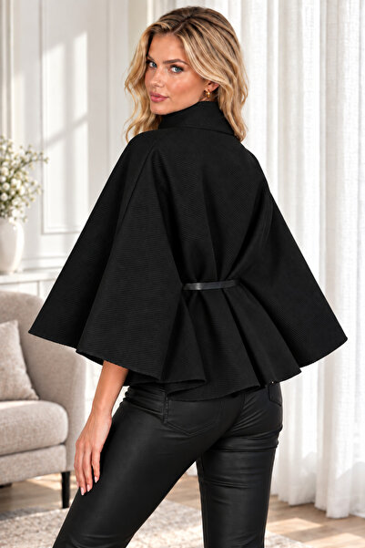 WOMAN VISION Poncho-uri tip capă de damă, cu cordon, cu aspect de lână, cu nasturi aurii, negre 893514